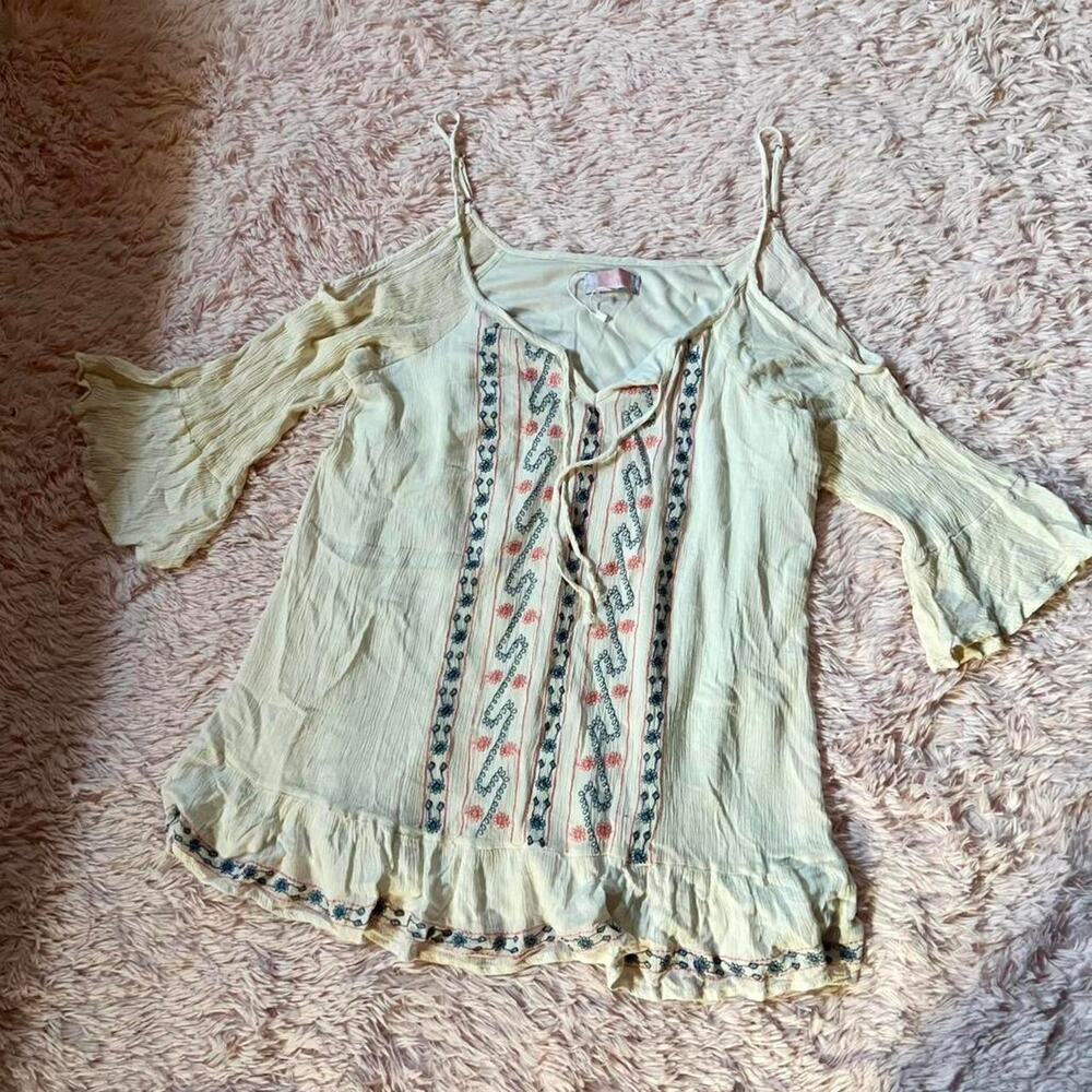 Boho Chic Embroidered Cold Shoulder Whimsical Cottage FAiry Bell Sleeve Blouse